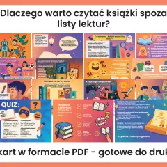 Ilustracja przedstawia kolaż grafik związanych z czytaniem, książkami i literaturą faktu.