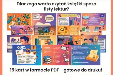 Ilustracja przedstawia kolaż grafik związanych z czytaniem, książkami i literaturą faktu.