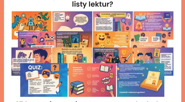 Ilustracja przedstawia kolaż grafik związanych z czytaniem, książkami i literaturą faktu.